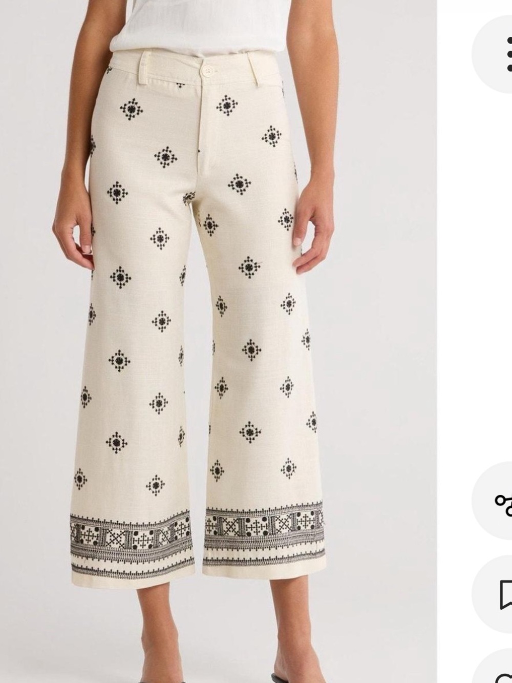 Tahari Cream Wide-Leg Embroidered Pants with Black Motifs